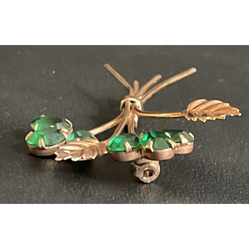 CORO Sterling Floral Brooch Rose Gold Tone Green Rhinestone Pin Delicate Vintage - Picture 7 of 9